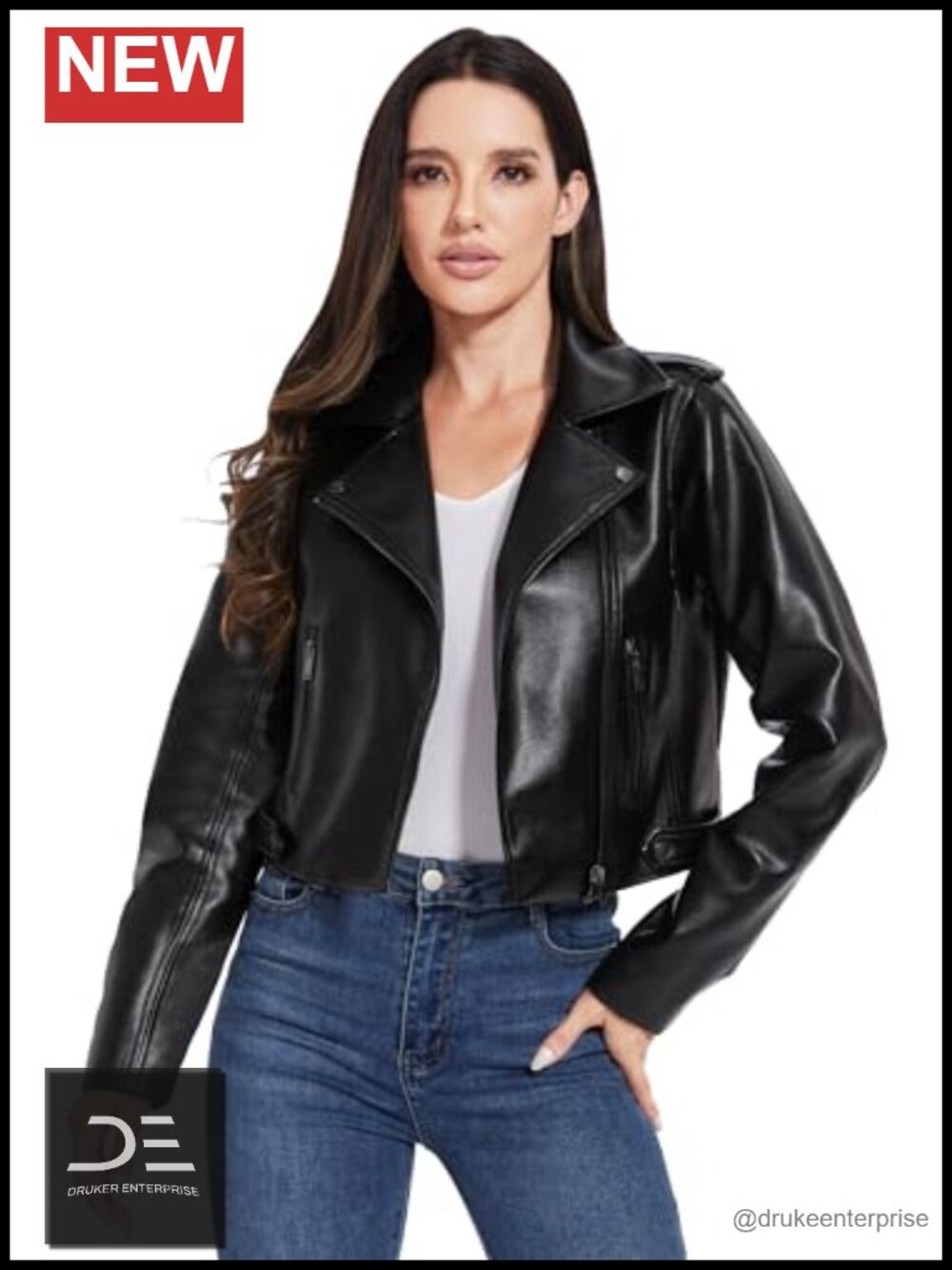 Faux Leather Cropped Motorcycle Jacket Womens Moto Biker Utility Pocket